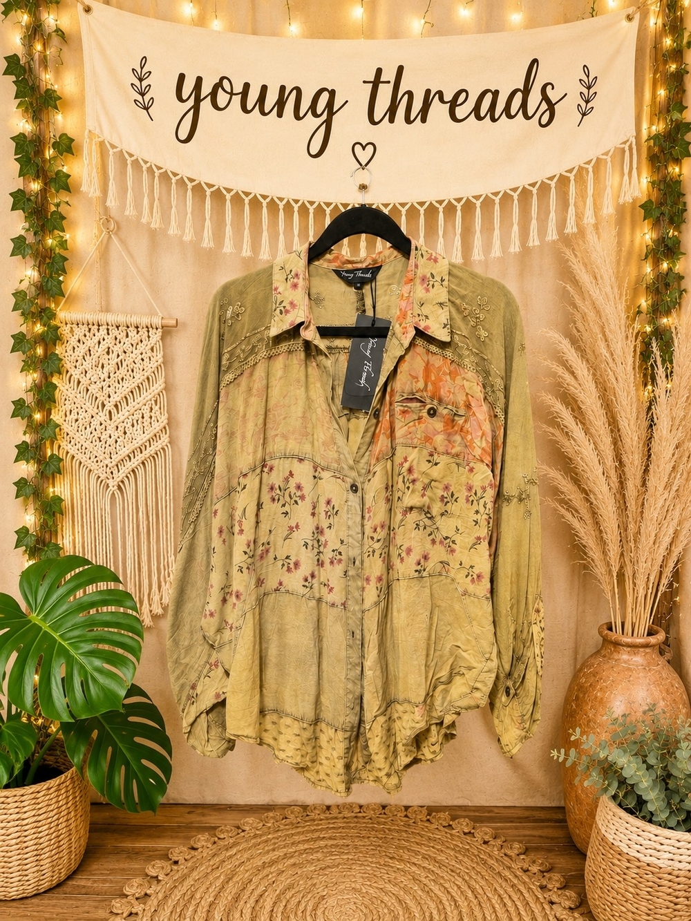 Young Threads Olive Green Floral Patchwork Button-Up Blouse